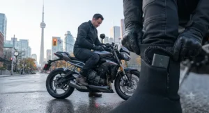 Urban motorcyclist wearing rechargeable heated socks for a chilly morning commute in Canada.