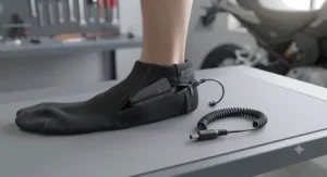 Portable rechargeable battery pack inserted into a small pocket on heated motorcycle socks.