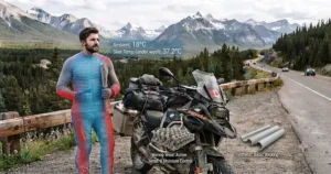 Cutaway illustration of a snug-fitting base layer preventing friction and bunching underneath protective motorcycle armor and textile jackets.