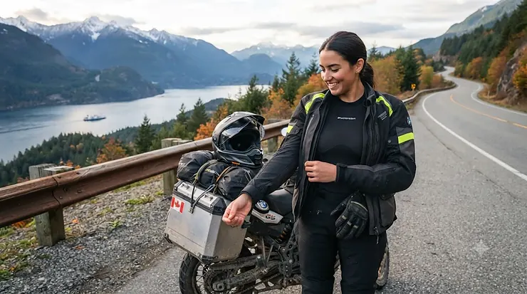 A Canadian motorcycle rider prepping for a cool-weather tour, demonstrating how to choose a synthetic thermal base layer for motorcycle riding.