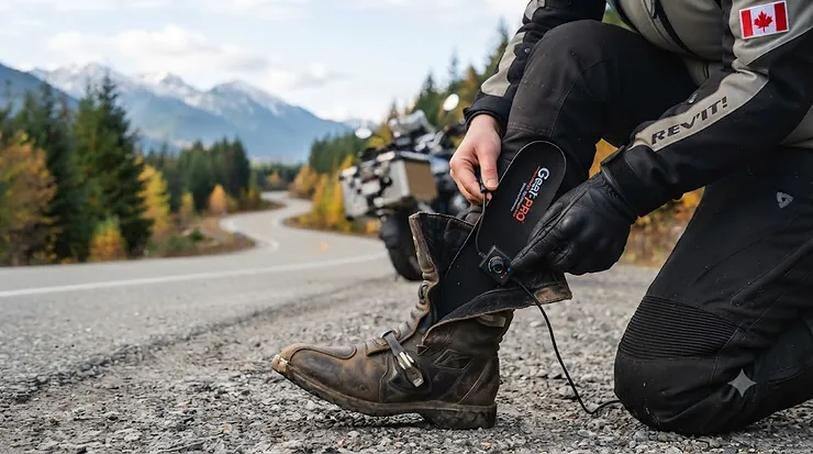 Heated insoles inside motorcycle boots for cold Canadian rides. heated insoles for motorcycle boots