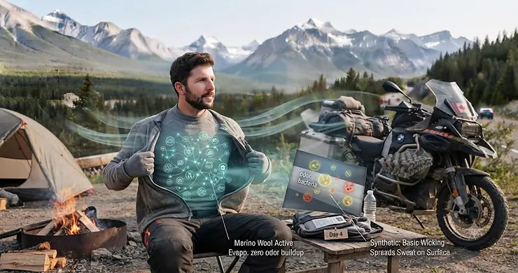 Technical breakdown comparing the rugged durability of synthetic fabrics against soft merino wool blends for off-road adventure riding.merino wool vs synthetic base layer motorcycle