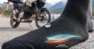 Illustration demonstrating heavy-duty shock absorption and vibration resistance of heated insoles on motorcycle footpegs.
