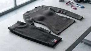 Detailed view of anti-chafing flatlock seams on a synthetic thermal base layer for motorcycle riding, ensuring high-mileage comfort on long highway trips.