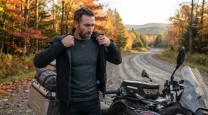 Seasonal adaptability icon set showing spring, summer, and fall use for a merino wool base layer for motorcycle riding.