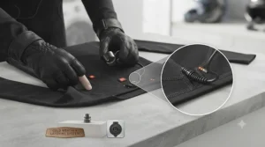 Inspection of wire connections and fabric stitching on a high-quality heated undershirt.