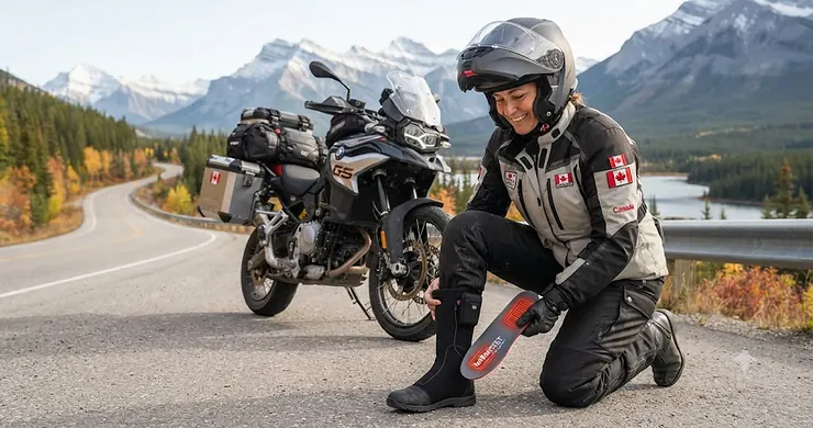 A Canadian motorcyclist preparing for a cold-weather ride, comparing heated insoles and heated socks to keep feet warm on the highway. heated insoles vs heated socks for motorcycle riding