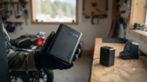 Detail of a portable battery pack for heated vests / Gros plan sur la batterie portable pour veste chauffante