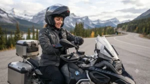 Touring rider on the Trans-Canada Highway relying on the long-lasting battery of a heated undershirt for motorcycle riding.