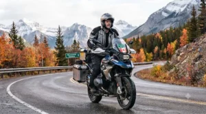 Men's cut synthetic thermal base layer for motorcycle riding laid flat, engineered to fit comfortably under leather or textile riding jackets in cooler climates.