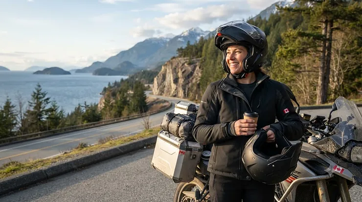 Canadian motorcyclist wearing a performance merino wool base layer for motorcycle riding on a scenic coastal highway in British Columbia.