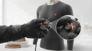 Hand adjusting temperature controller for heated motorcycle gear while wearing gloves.
