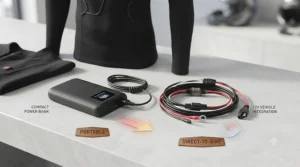 Comparison icon showing motorcycle battery plug-in versus portable battery pack for heated gear.