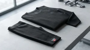 Illustration of a complete three-layer setup featuring a synthetic thermal base layer for motorcycle riding beneath a jacket, built for spring and autumn rides in Canada.