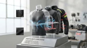 Illustration highlighting anti-microbial, odor-resistant synthetic fabric technology built for multi-day motorcycle road trips.