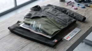 A rolled-up synthetic thermal base layer for motorcycle riding packed for touring, ideal for unpredictable weather changes during Canadian moto-camping excursions.