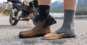 USB-rechargeable lithium-ion battery packs used to power heated footwear for cold-weather motorcycle commuting.