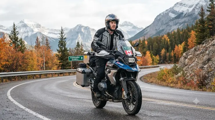 A Canadian motorcyclist wearing a synthetic thermal base layer for motorcycle riding, designed for moisture-wicking and warmth during chilly rides across Canada (Couche de base thermique synthétique pour la moto).