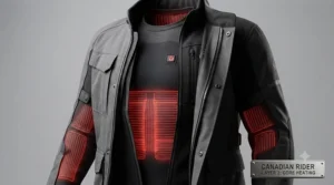 A slim-fit heated undershirt for motorcycle riding worn comfortably under a heavy leather jacket without adding bulk.