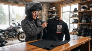 Illustration highlighting a heated undershirt for motorcycle riding, or vêtement chauffant moto, ideal for coastal winds in Quebec and Atlantic Canada.