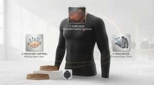 Icons representing heated undershirt, wind protection, and moisture-wicking fabric.