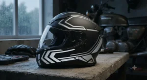 Set of adhesive reflective strips for motorcycle helmets to enhance safety in low-light environments