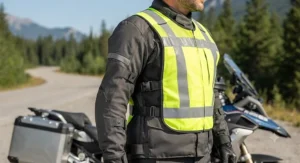Fully adjustable reflective vest for motorcycle riders showing side straps for a secure fit over bulky gear.