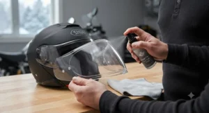 Applying anti-fog spray to the interior of a motorcycle helmet visor before heading out on a chilly morning commute.