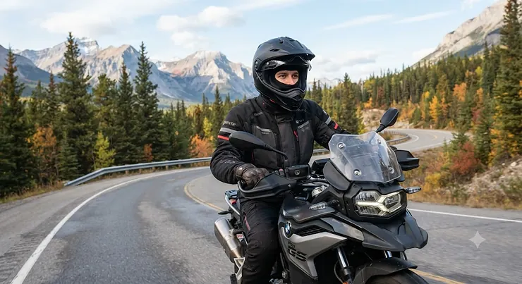 A Canadian motorcycle rider wearing a thermal balaclava for motorcycle riding under a full-face helmet during a chilly autumn tour.