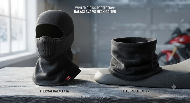 Comparison of a thermal balaclava and a fleece neck gaiter for winter motorcycle riding in Canada. balaclava vs neck gaiter for motorcycle riding winter