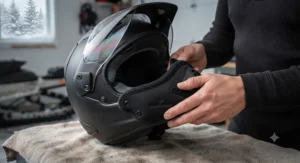 Rider installing a neoprene breath box inside a full-face motorcycle helmet to stop visor fogging in sub-zero temperatures.