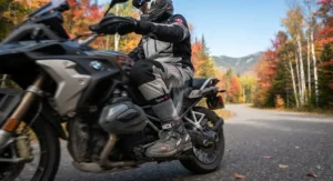 A rider wearing breathable thermal socks during a crisp autumn ride in Canada