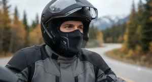 Rider wearing a breathable, moisture-wicking cold weather face mask during a chilly ride.