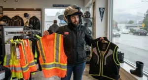 Rider selecting the right motorcycle safety vest suited for wet and foggy Pacific Northwest weather conditions in British Columbia.