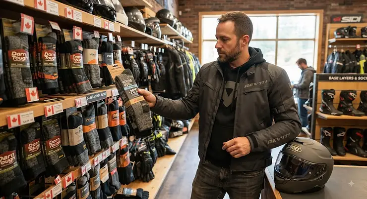 A motorcyclist in Canada selecting thermal socks for cold weather riding how to choose thermal socks for motorcycle boots