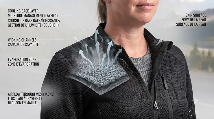 Rider wearing a high-performance cooling base layer for motorcycle riding in hot summer weather across Canadian highways, highlighting moisture-wicking technical fabric. / Motocycliste portant une couche de base rafraîchissante pour la moto par temps chaud d'été. cooling base layer for motorcycle riding hot weather summer