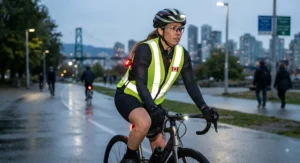 Reflective safety vest worn by a cyclist for night commuting and evening running safety.