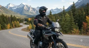 Demonstrating how a seamless balaclava for motorcycle riding fits comfortably beneath a street helmet.