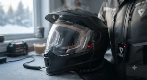 Electric heated motorcycle helmet visor plugged in and powered on to melt ice and prevent fogging during Canadian winter rides.