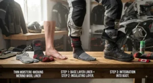 Step-by-step guide on layering socks for motorcycle boots in cold Canadian climates