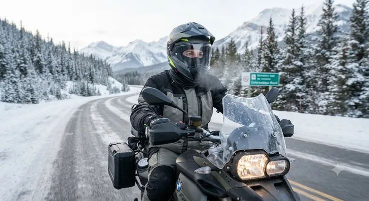 Motorcyclist riding in cold Canadian winter weather with a clear, fog-free helmet visor while wearing a face mask. how to prevent foggy visor with face mask motorcycle winter