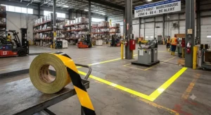 Industrial grade reflective safety tape roll outlining safety hazard zones inside a Canadian warehouse facility.