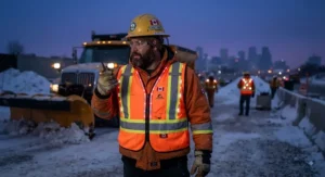 LED flashing reflective safety vest for enhanced visibility during dark winter mornings.