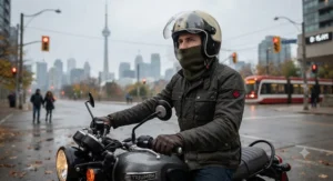 Merino wool neck gaiter worn by a commuter motorcycle rider on a crisp autumn morning in Toronto.