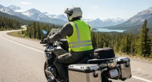 Lightweight mesh reflective vest for motorcycle riders staying cool during summer cross-country road trips.