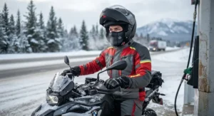 A motorcyclist geared up with a face mask for safe riding in a cold Canadian climate.