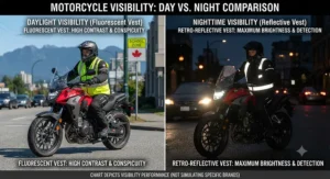 Side-by-side comparison chart illustrating how hi-vis vests perform in daylight versus reflective vests at night for motorcycle riders.