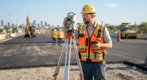 Multi-pocket surveyor reflective safety vest featuring high-visibility striping for field work.