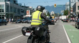Bright neon yellow reflective vest for motorcycle riders ensuring maximum daytime visibility in traffic.