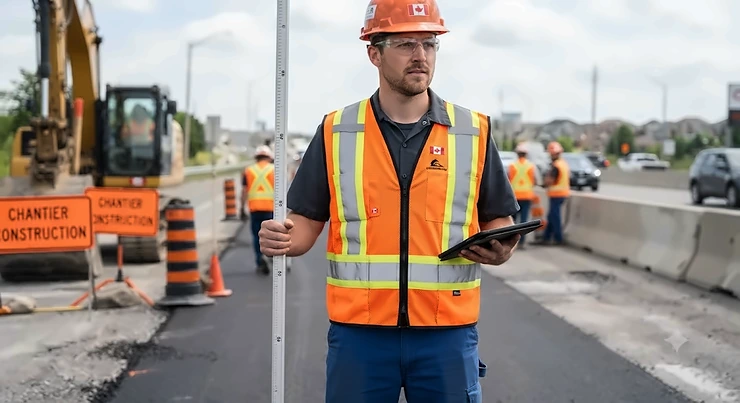 Orange reflective safety vest designed for Canadian construction workers and roadside safety.